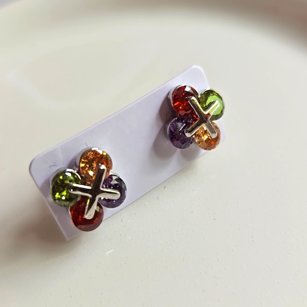 💛 New Multicolor Flower Stud Earrings 18K White Gold-Plated 💛
